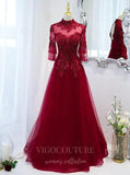 Prom Dress 2025 Red Beaded Lace Prom Dress 2022 High Neck Formal Dress 20504-unique elegant Prom Dresses-Red-US2-vigocouture