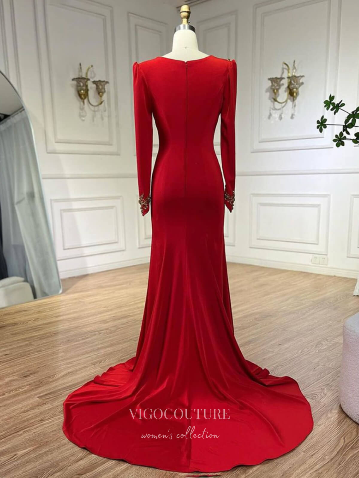 Red Beaded Lace Satin Prom Dresses Long Sleeve V-Neck Formal Dress 24516 Red / US4 Red Beaded Lace Satin Prom Dresses Long Sleeve V-Neck Formal Dress 24516 Red / US4