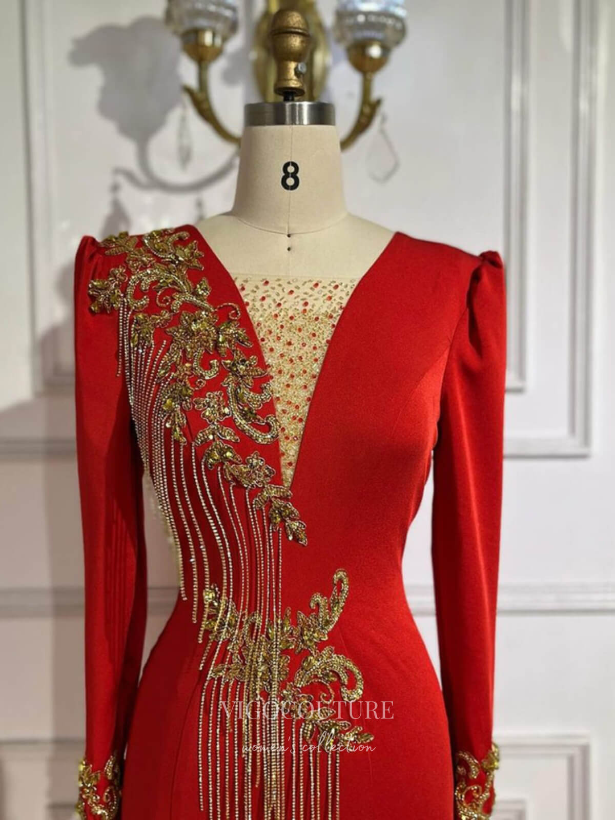 Prom Dress 2025 Red Beaded Lace Satin Prom Dresses Long Sleeve V-Neck Formal Dress 24516-unique elegant Prom Dresses-Red-US2-vigocouture