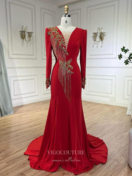Red Beaded Lace Satin Prom Dresses Long Sleeve V-Neck Formal Dress 24516 Red / US4
