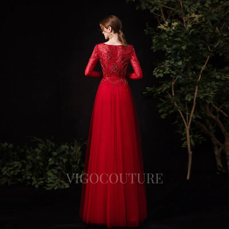 Prom Dress 2025 Red Beaded Long Sleeve Prom Dresses 20121-unique elegant Prom Dresses-Red-US2-vigocouture