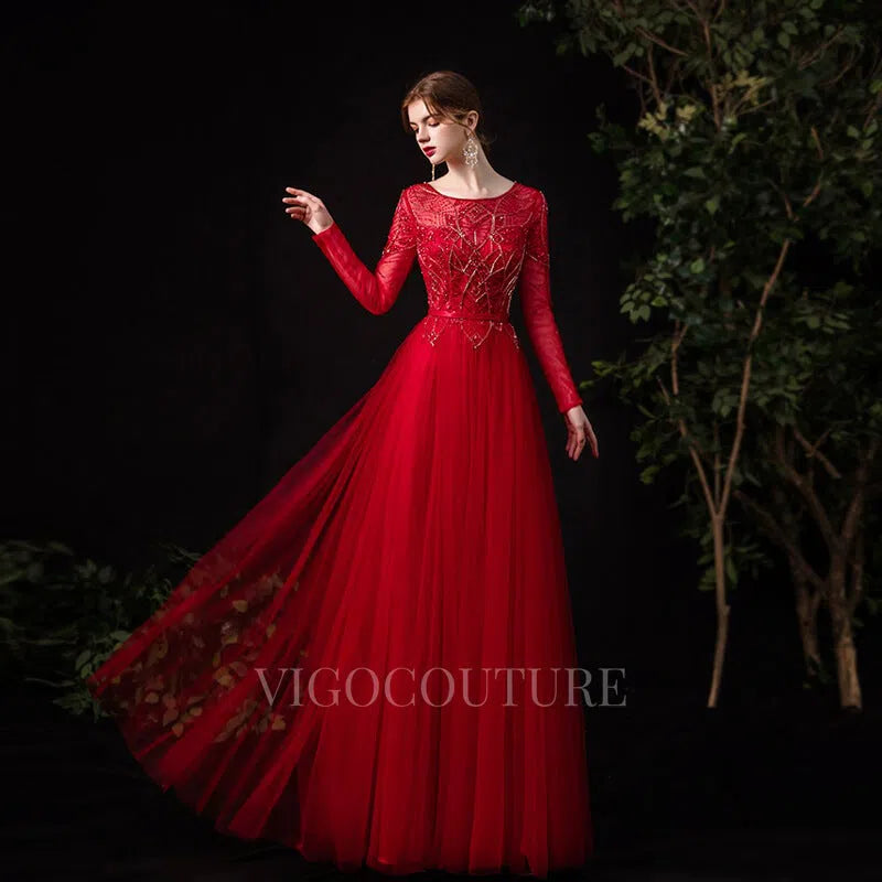 Prom Dress 2025 Red Beaded Long Sleeve Prom Dresses 20121-unique elegant Prom Dresses-Red-US2-vigocouture