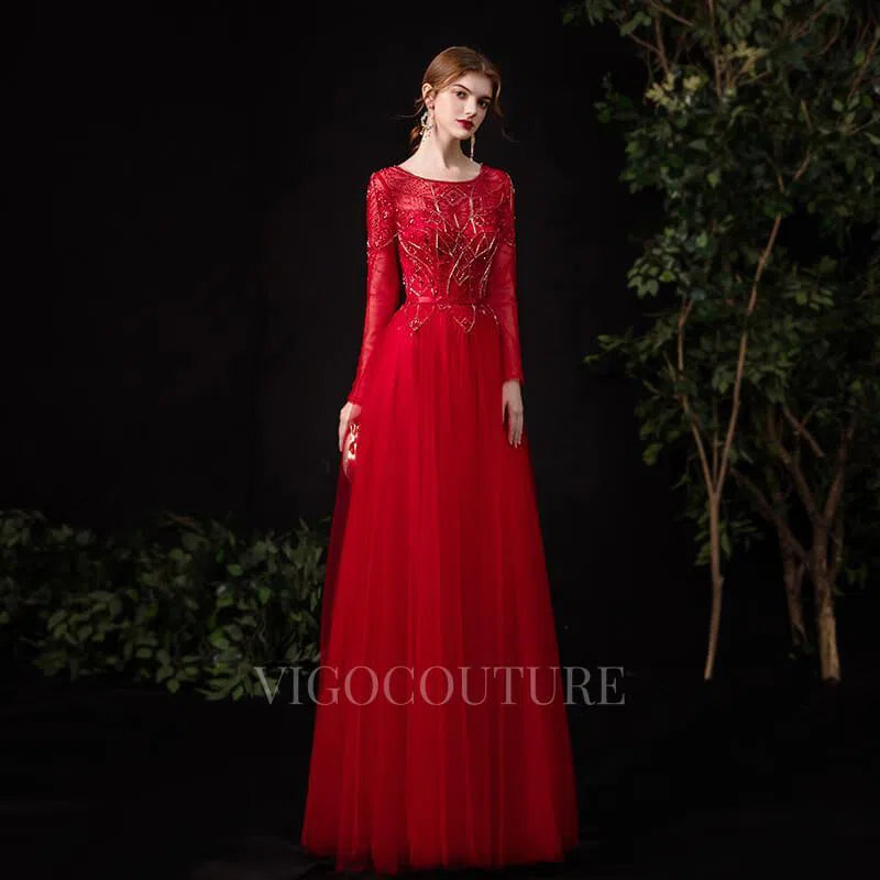 Prom Dress 2025 Red Beaded Long Sleeve Prom Dresses 20121-unique elegant Prom Dresses-Red-US2-vigocouture