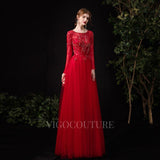 Prom Dress 2025 Red Beaded Long Sleeve Prom Dresses 20121-unique elegant Prom Dresses-Red-US2-vigocouture