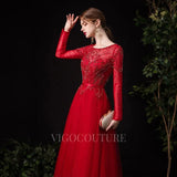 Prom Dress 2025 Red Beaded Long Sleeve Prom Dresses 20121-unique elegant Prom Dresses-Red-US2-vigocouture