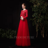 Prom Dress 2025 Red Beaded Long Sleeve Prom Dresses 20121-unique elegant Prom Dresses-Red-US2-vigocouture