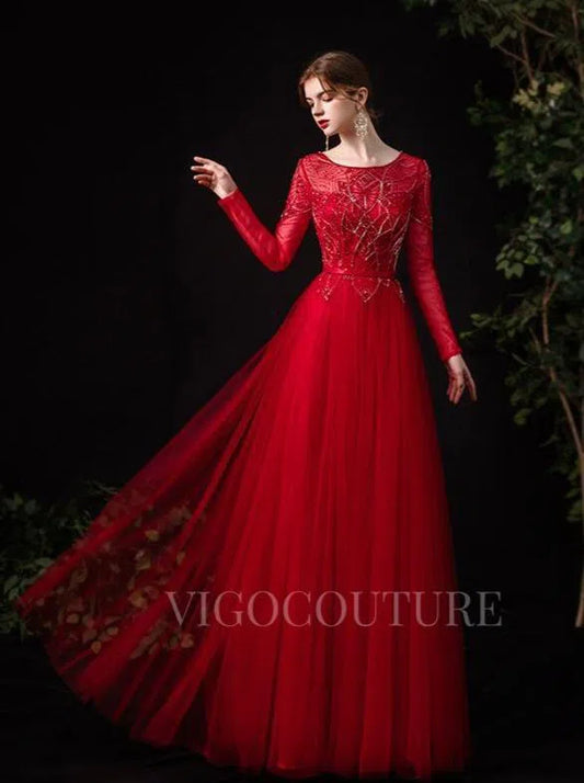 Prom Dress 2025 Red Beaded Long Sleeve Prom Dresses 20121-unique elegant Prom Dresses-Red-US2-vigocouture