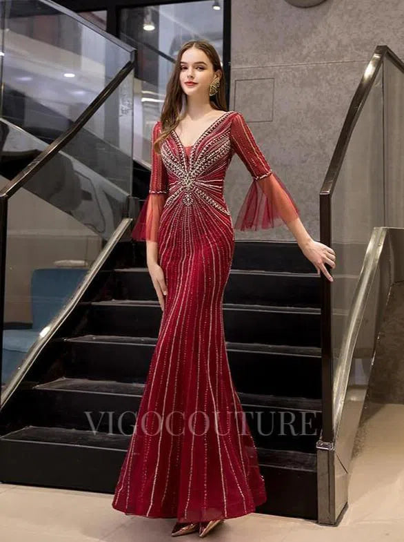 Prom Dress 2025 Red Beaded Mermaid Prom Dress 20111-unique elegant Prom Dresses-Red-US2-vigocouture