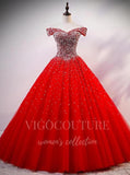 vigocouture-Red Beaded Quinceañera Dresses Off the Shoulder Ball Gown 20421-Prom Dresses-vigocouture-