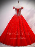 vigocouture-Red Beaded Quinceañera Dresses Off the Shoulder Ball Gown 20421-Prom Dresses-vigocouture-