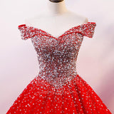 vigocouture-Red Beaded Quinceañera Dresses Off the Shoulder Ball Gown 20421-Prom Dresses-vigocouture-