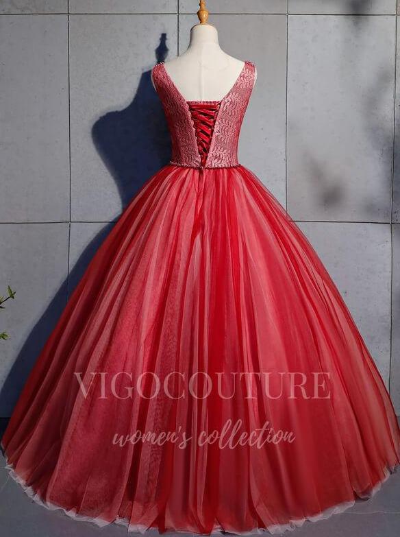 vigocouture-Red Beaded Quinceañera Dresses V-Neck Ball Gown 20455-Prom Dresses-vigocouture-