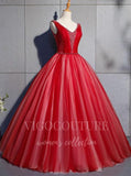 vigocouture-Red Beaded Quinceañera Dresses V-Neck Ball Gown 20455-Prom Dresses-vigocouture-