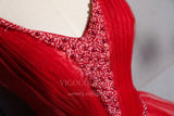 vigocouture-Red Beaded Quinceañera Dresses V-Neck Ball Gown 20455-Prom Dresses-vigocouture-