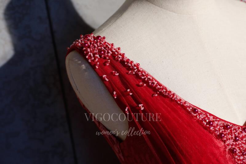 vigocouture-Red Beaded Quinceañera Dresses V-Neck Ball Gown 20455-Prom Dresses-vigocouture-