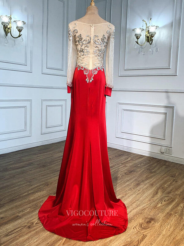 Prom Dress 2025 Red Beaded Satin Prom Dresses Long Sleeve Evening Dresses 21242-unique elegant Prom Dresses-Red-US2-vigocouture