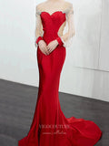 Prom Dress 2025 Red Beaded Satin Prom Dresses Long Sleeve Evening Dresses 21242-unique elegant Prom Dresses-Red-US2-vigocouture