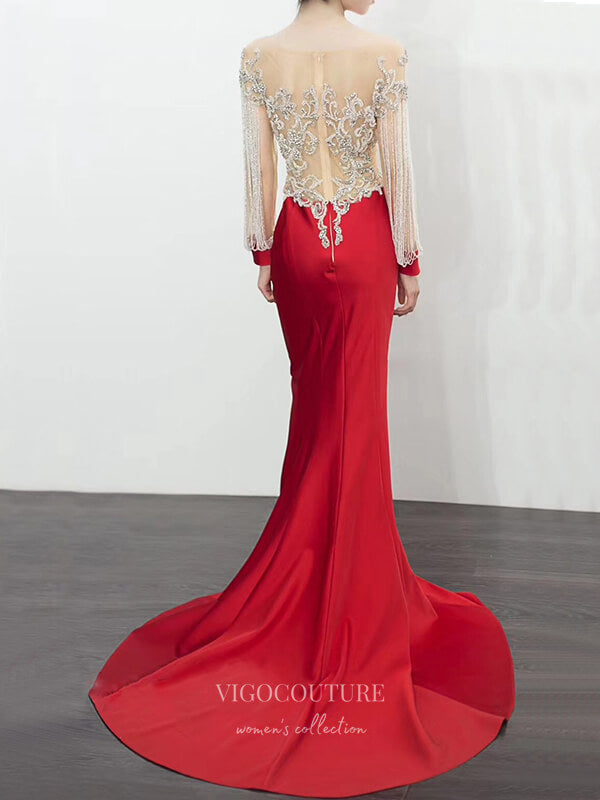 Prom Dress 2025 Red Beaded Satin Prom Dresses Long Sleeve Evening Dresses 21242-unique elegant Prom Dresses-Red-US2-vigocouture