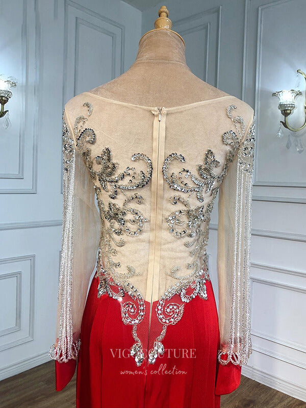 red and gold long sleeve prom dress Red Long Sleeve Lace Prom Dress V-Neck With Slit