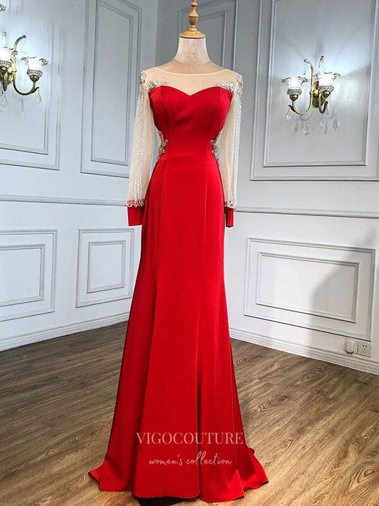 Prom Dress 2025 Red Beaded Satin Prom Dresses Long Sleeve Evening Dresses 21242-unique elegant Prom Dresses-Red-US2-vigocouture