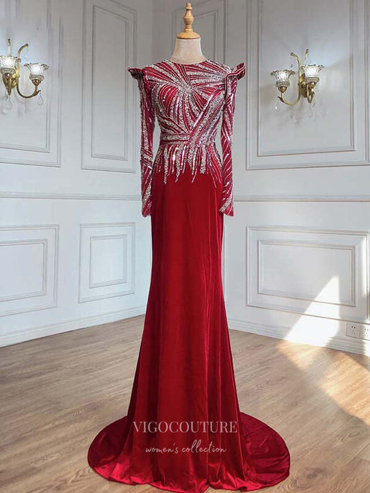 Prom Dress 2025 Red Beaded Satin Prom Dresses Long Sleeve Formal Dresses 21223-unique elegant Prom Dresses-Red-US2-vigocouture