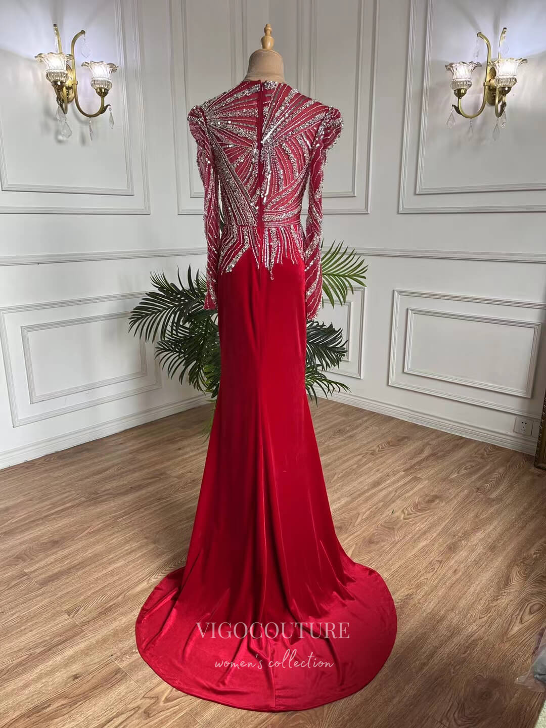 Prom Dress 2025 Red Beaded Sheath Prom Dresses Long Sleeve 1920s Evening Dress 22139-unique elegant Prom Dresses-Red-US2-vigocouture