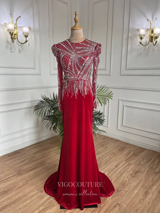 Prom Dress 2025 Red Beaded Sheath Prom Dresses Long Sleeve 1920s Evening Dress 22139-unique elegant Prom Dresses-Red-US2-vigocouture