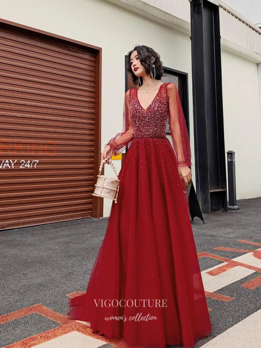 Prom Dress 2025 Red Beaded Sparkly Tulle Long Sleeve Prom Dresses 2025 V-Neck Formal Gown 25064-unique elegant Prom Dresses-Red-Custom Size-vigocouture