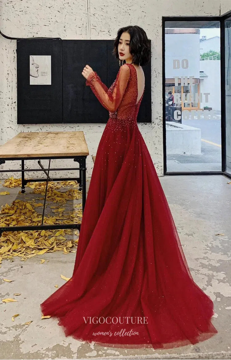 Prom Dress 2025 Red Beaded Sparkly Tulle Long Sleeve Prom Dresses 2025 V-Neck Formal Gown 25064-unique elegant Prom Dresses-Red-Custom Size-vigocouture