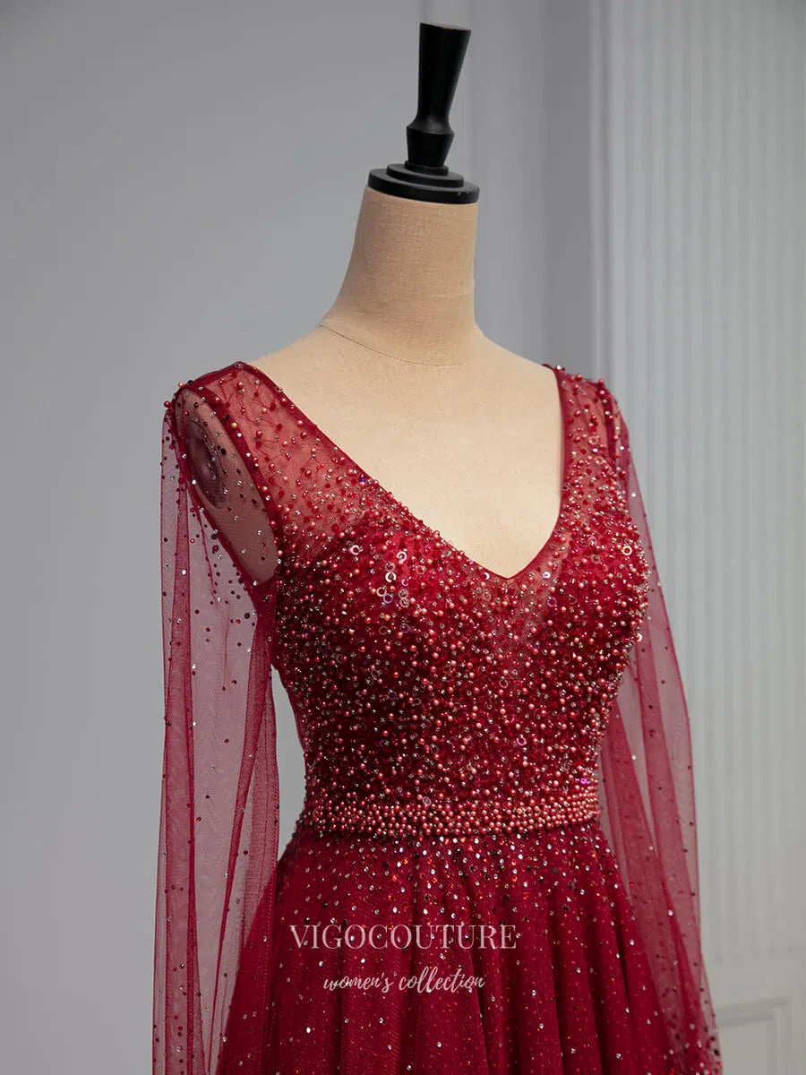 Red Beaded Sparkly Tulle Long Sleeve Prom Dresses 2025 V-Neck Formal Gown 25064 Custom Colors / 26W Red Beaded Sparkly Tulle Long Sleeve Prom Dresses 2025 V-Neck Formal Gown 25064 Custom Colors / 26W