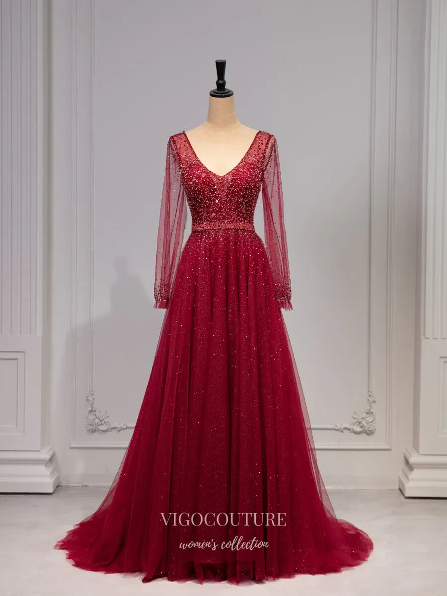 Prom Dress 2025 Red Beaded Sparkly Tulle Long Sleeve Prom Dresses 2025 V-Neck Formal Gown 25064-unique elegant Prom Dresses-Red-Custom Size-vigocouture