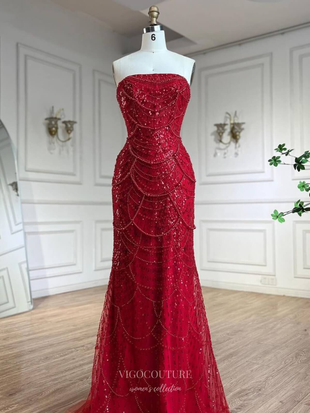 Prom Dress 2025 Red Beaded Strapless Prom Dresses Removable Rosette Puffed Sleeve Pageant Dress 25010-unique elegant Prom Dresses-Red-US2-vigocouture