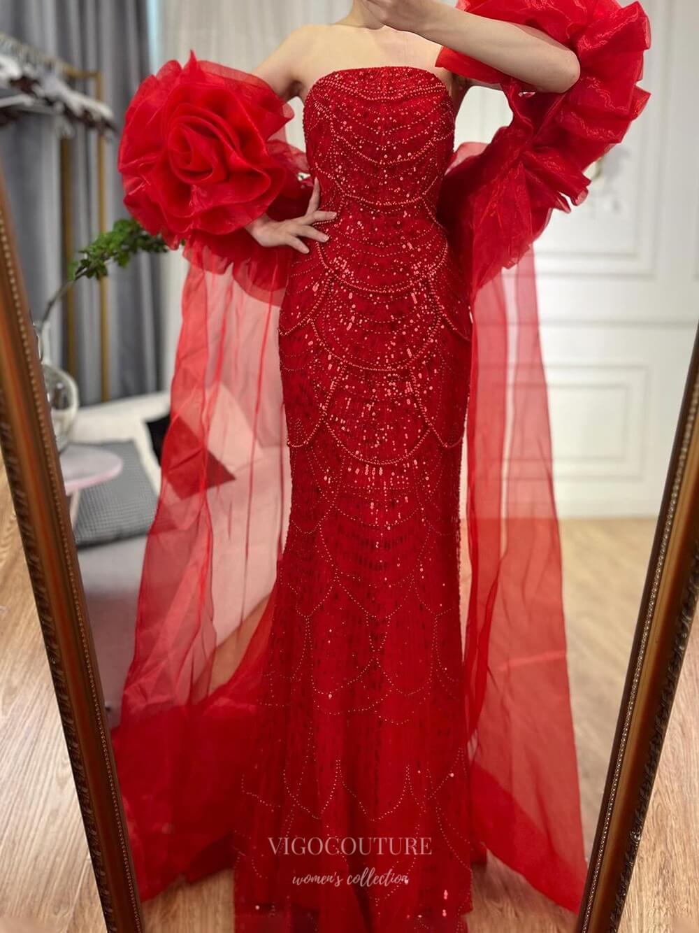 Red Beaded Strapless Prom Dresses Removable Rosette Puffed Sleeve Page vigocouture Red Beaded Strapless Prom Dresses Removable Rosette Puffed Sleeve Page vigocouture