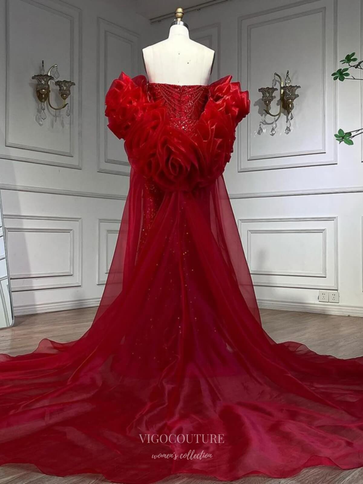 Prom Dress 2025 Red Beaded Strapless Prom Dresses Removable Rosette Puffed Sleeve Pageant Dress 25010-unique elegant Prom Dresses-Red-US2-vigocouture