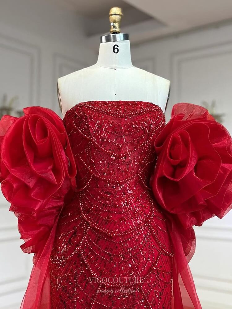 red pageant dress Red Beaded Strapless Prom Dresses Removable Rosette Puffed Sleeve Pageant Dress 25010 Red / US16