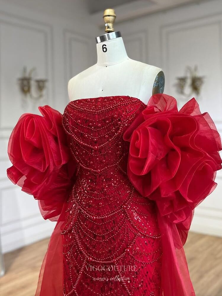 Prom Dress 2025 Red Beaded Strapless Prom Dresses Removable Rosette Puffed Sleeve Pageant Dress 25010-unique elegant Prom Dresses-Red-US2-vigocouture