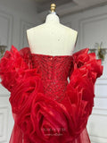 Prom Dress 2025 Red Beaded Strapless Prom Dresses Removable Rosette Puffed Sleeve Pageant Dress 25010-unique elegant Prom Dresses-Red-US2-vigocouture