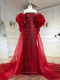 Red Beaded Strapless Prom Dresses Removable Rosette Puffed Sleeve Pageant Dress 25010