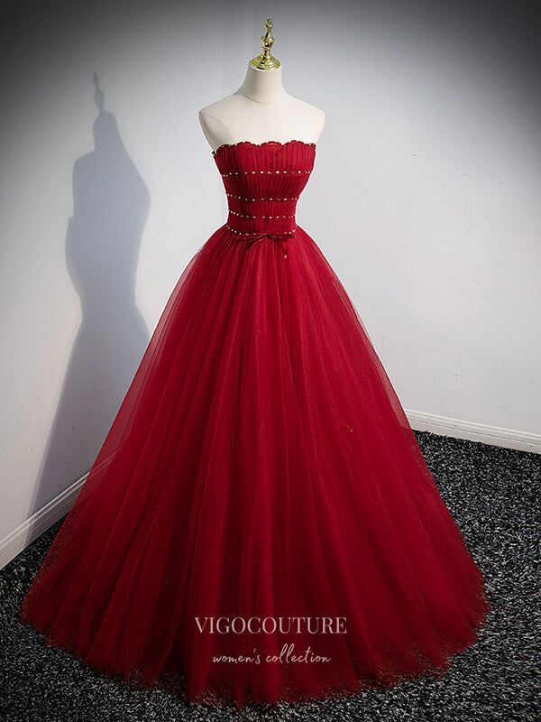 Prom Dress 2025 Red Beaded Tulle Prom Dress Removable Sleeve Formal Dresses 21337-unique elegant Prom Dresses-Red-US2-vigocouture