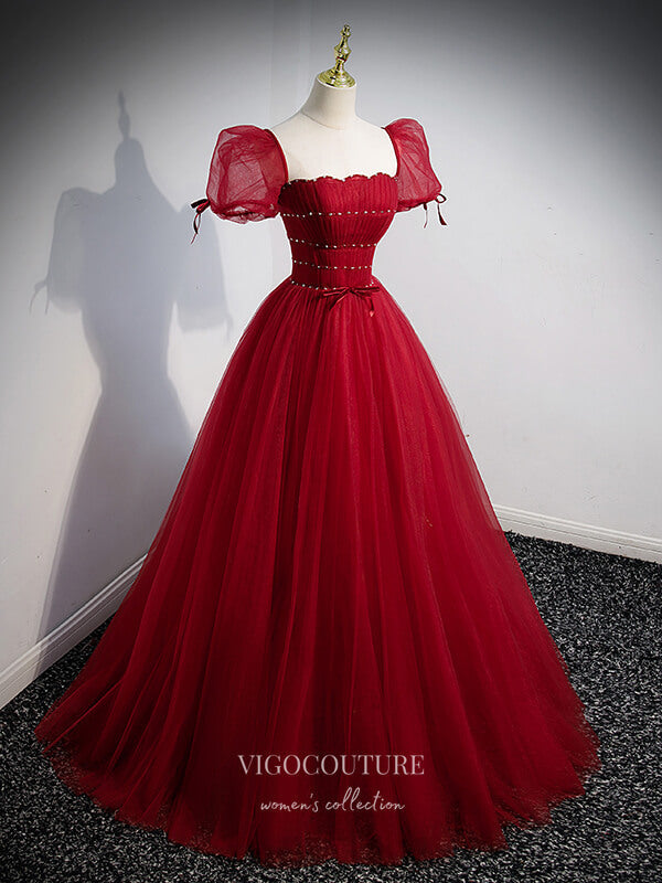 Prom Dress 2025 Red Beaded Tulle Prom Dress Removable Sleeve Formal Dresses 21337-unique elegant Prom Dresses-Red-US2-vigocouture