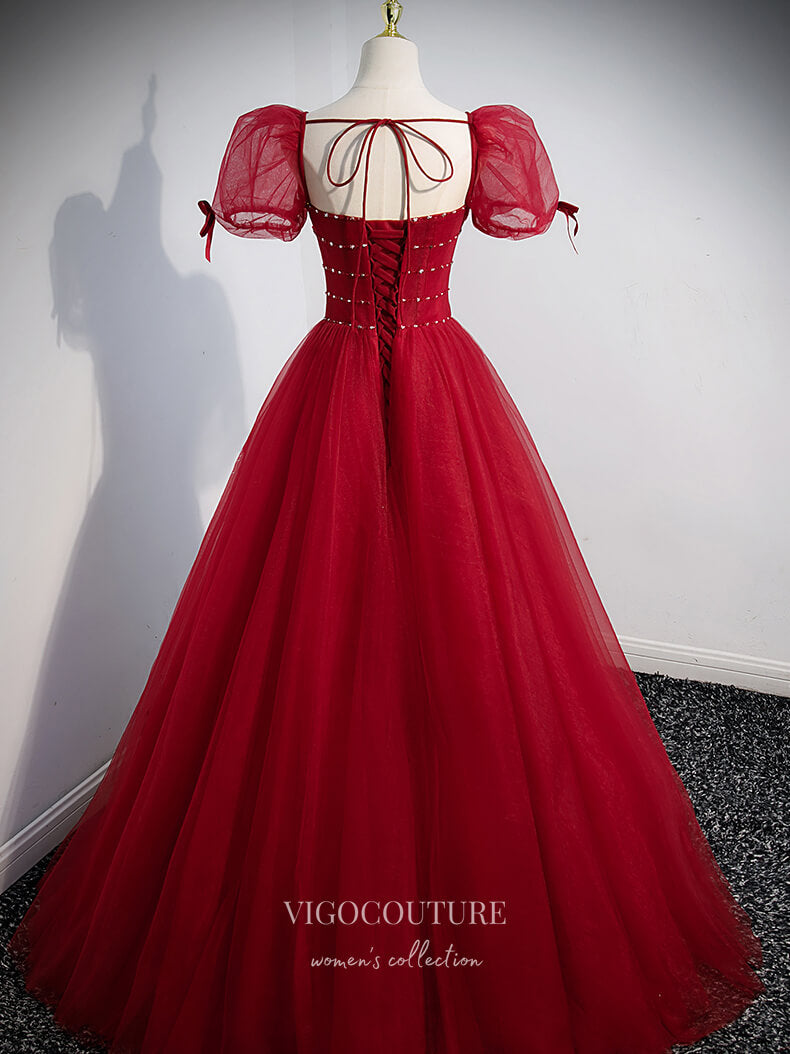 Prom Dress 2025 Red Beaded Tulle Prom Dress Removable Sleeve Formal Dresses 21337-unique elegant Prom Dresses-Red-US2-vigocouture