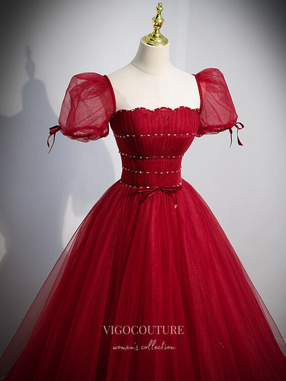 Prom Dress 2025 Red Beaded Tulle Prom Dress Removable Sleeve Formal Dresses 21337-unique elegant Prom Dresses-Red-US2-vigocouture