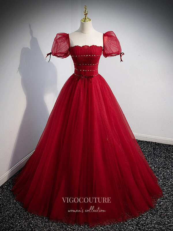 Prom Dress 2025 Red Beaded Tulle Prom Dress Removable Sleeve Formal Dresses 21337-unique elegant Prom Dresses-Red-US2-vigocouture