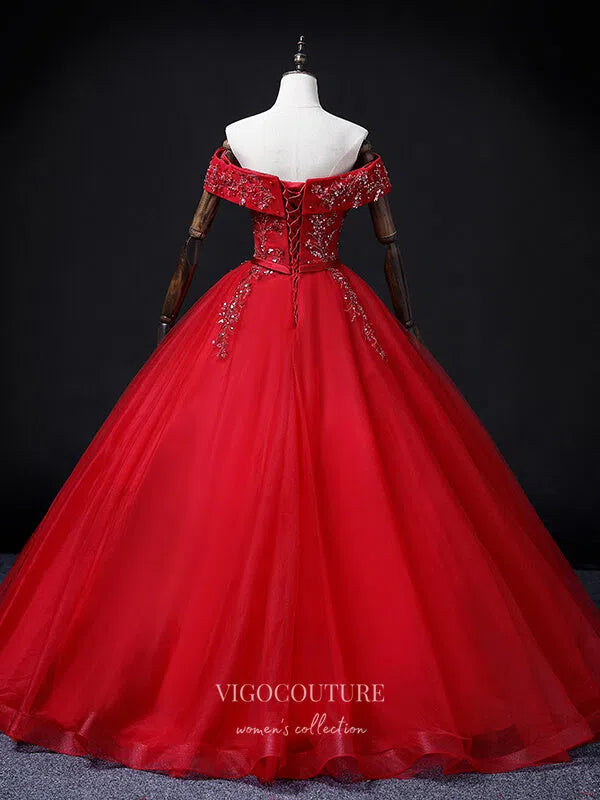 Prom Dress 2025 Red Beaded Tulle Prom Dresses Off the Shoulder Formal Gown 21352-unique elegant Prom Dresses-Red-Custom Size-vigocouture