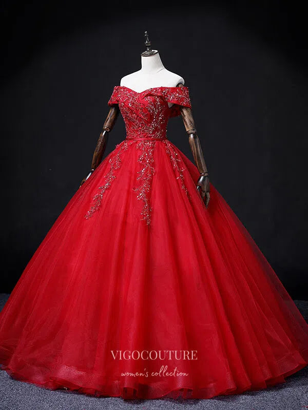 Prom Dress 2025 Red Beaded Tulle Prom Dresses Off the Shoulder Formal Gown 21352-unique elegant Prom Dresses-Red-Custom Size-vigocouture