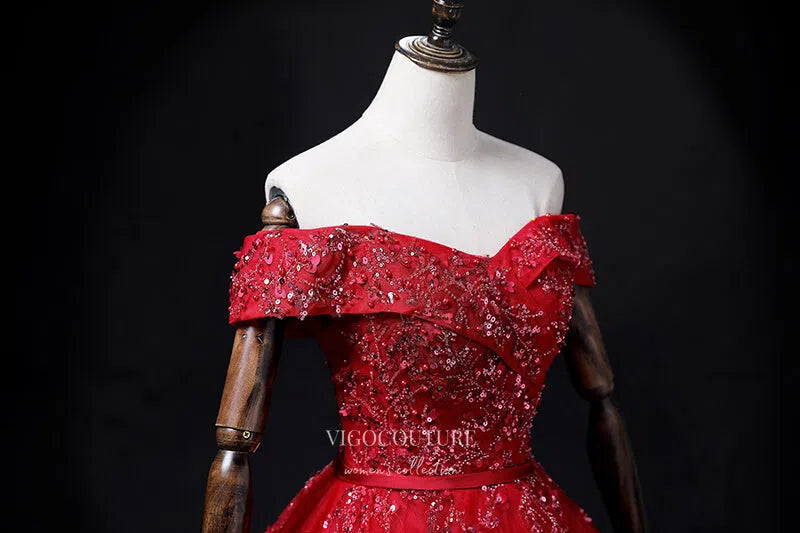 Prom Dress 2025 Red Beaded Tulle Prom Dresses Off the Shoulder Formal Gown 21352-unique elegant Prom Dresses-Red-Custom Size-vigocouture