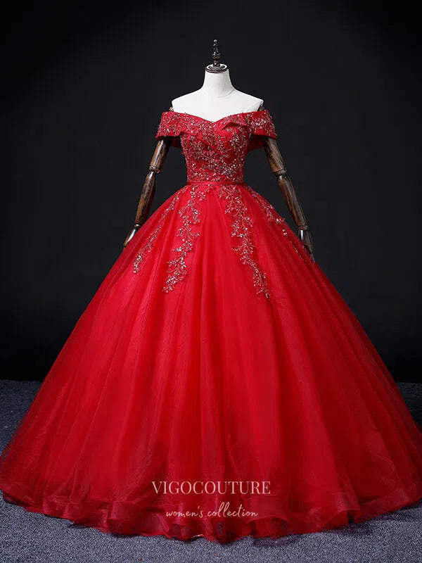 Prom Dress 2025 Red Beaded Tulle Prom Dresses Off the Shoulder Formal Gown 21352-unique elegant Prom Dresses-Red-Custom Size-vigocouture