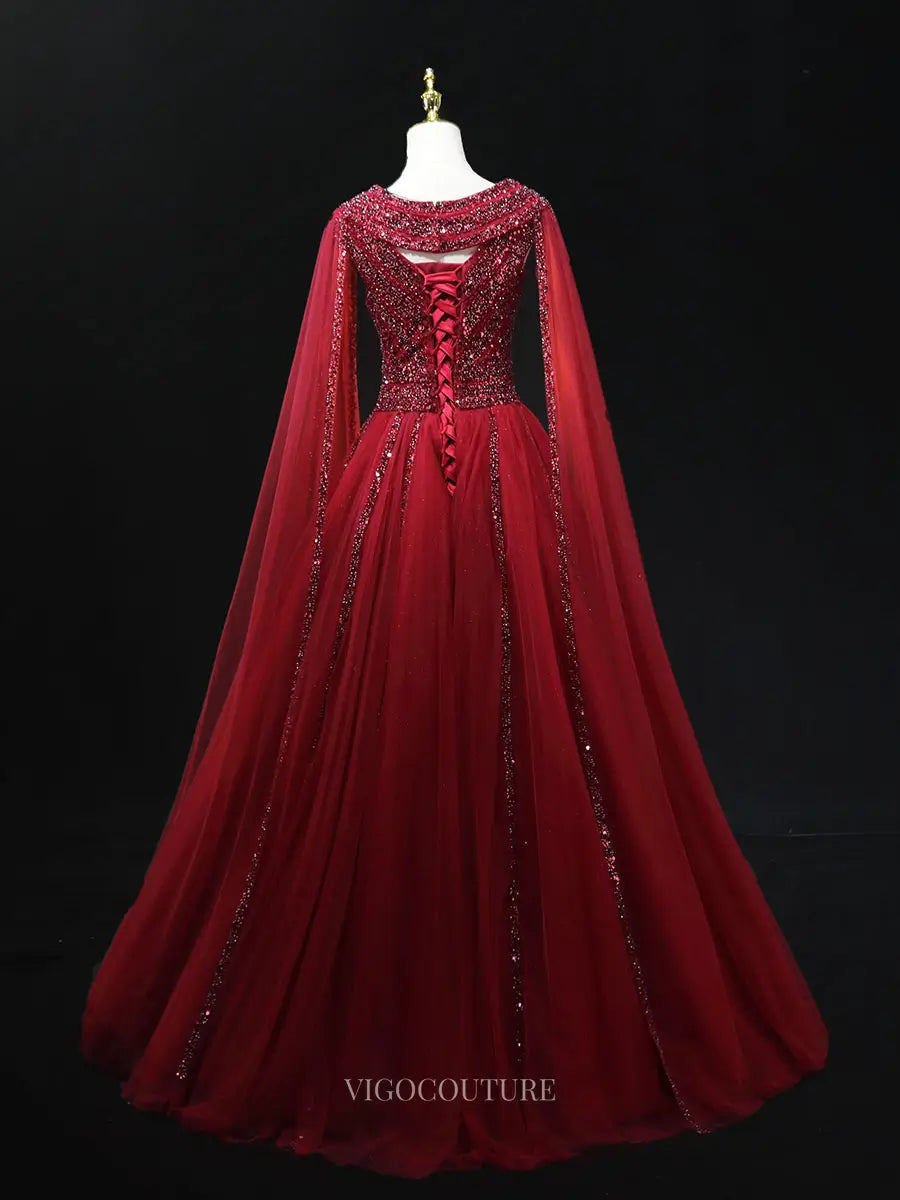 Red Beaded Tulle Prom Dresses with Cape Sleeve, Boat Neck, Pageant Dresses SU058 Custom Colors / US12 Red Beaded Tulle Prom Dresses with Cape Sleeve, Boat Neck, Pageant Dresses SU058 Custom Colors / US12