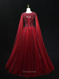 Prom Dresses 2025 to impress Red Beaded Tulle Prom Dresses with Cape Sleeve, Boat Neck, Pageant Dresses SU058-vigocouture-vigocouture