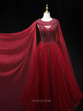 Prom Dresses 2025 to impress Red Beaded Tulle Prom Dresses with Cape Sleeve, Boat Neck, Pageant Dresses SU058-vigocouture-vigocouture